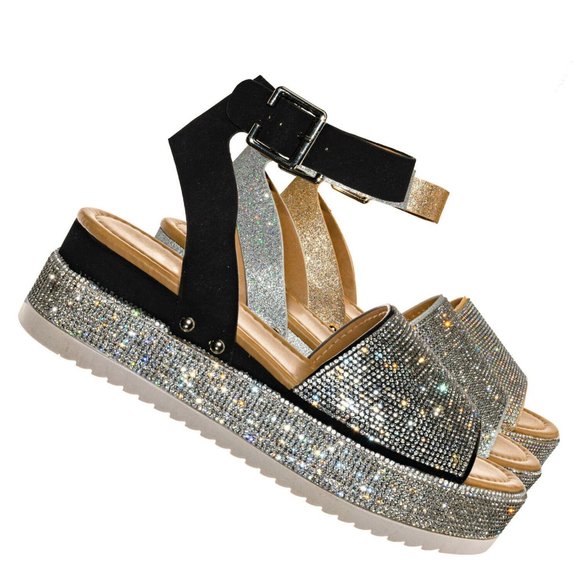 NEW Bling Silver Rhinestone Peep Toe Flat Platform Wedge Heel Sandal Ankle Strap - Picture 12 of 12